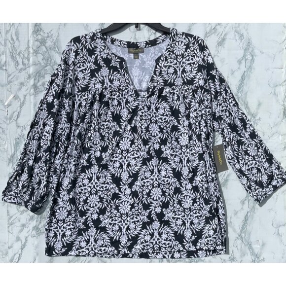 Style & Co. Size Large Black & White Floral Popover Knit Blouse - Picture 1 of 9